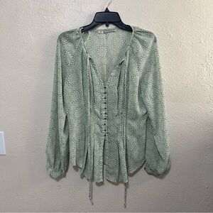 Behind the Seams Long Sleeve Light Blouse Green White Size M